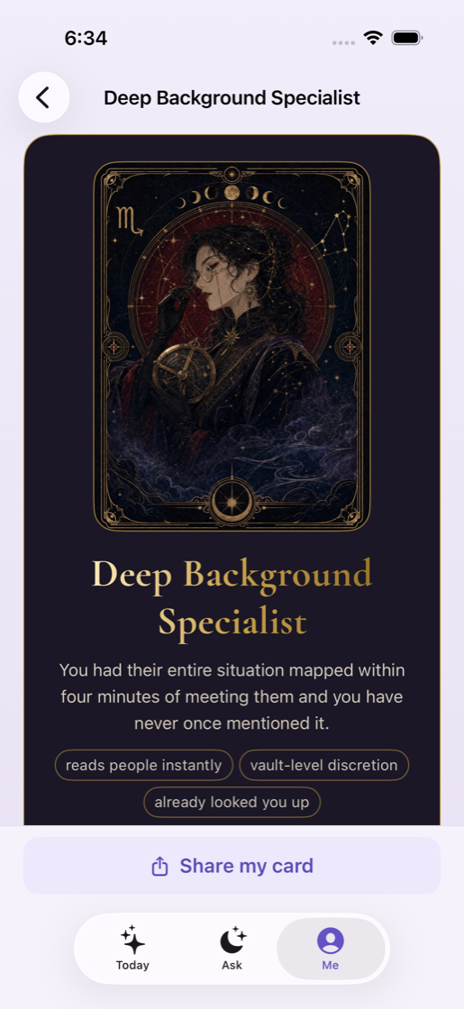A Sielu persona card: an illustrated archetype with its title, a one-line reading and three traits.