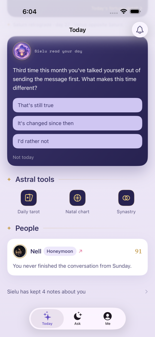 The Today screen: a personal reading that ends in a question, with quick replies.